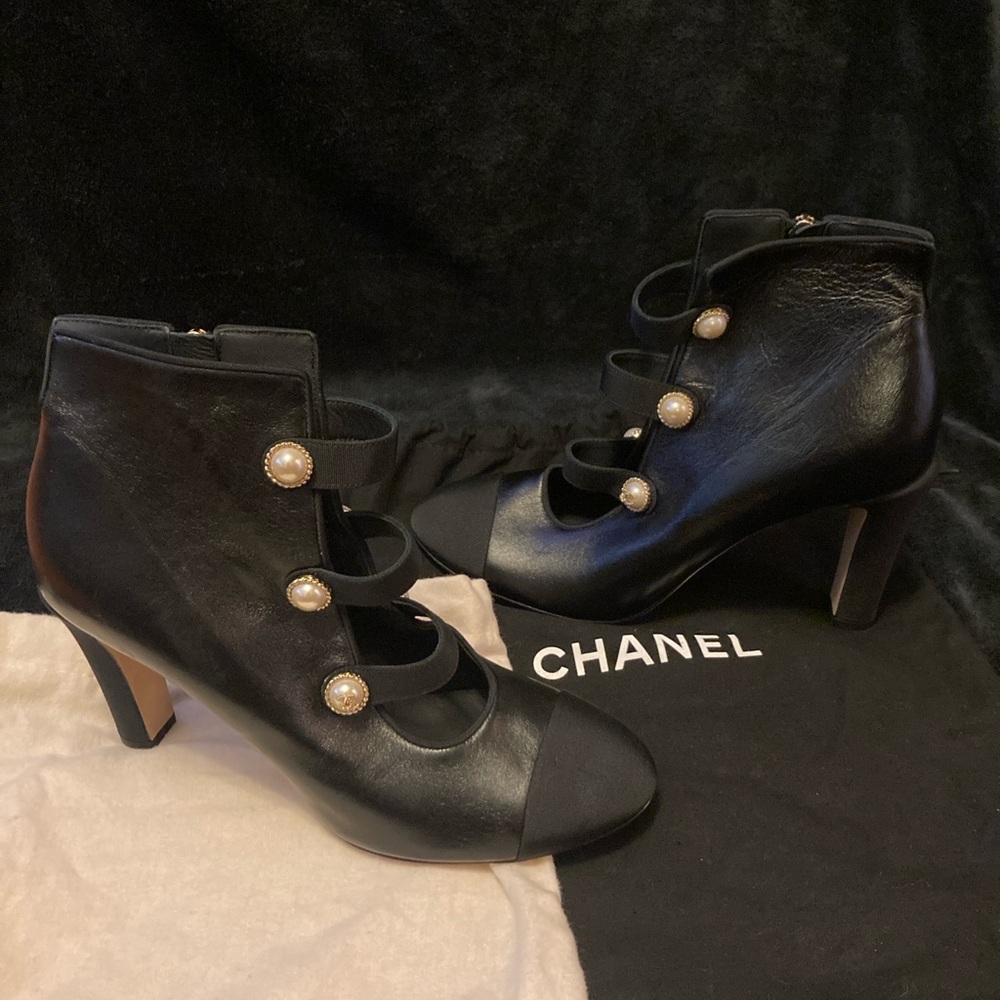 CHANEL Ankle Boot Pearl Buttons Black Size 38